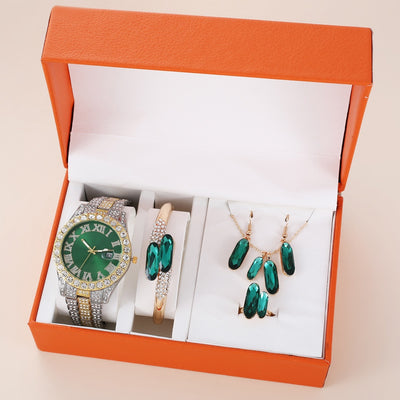 Conjunto de Accesorios en Acero Verde: Reloj, Anillo, Collar y Aretes de Cuarzo - Image 15