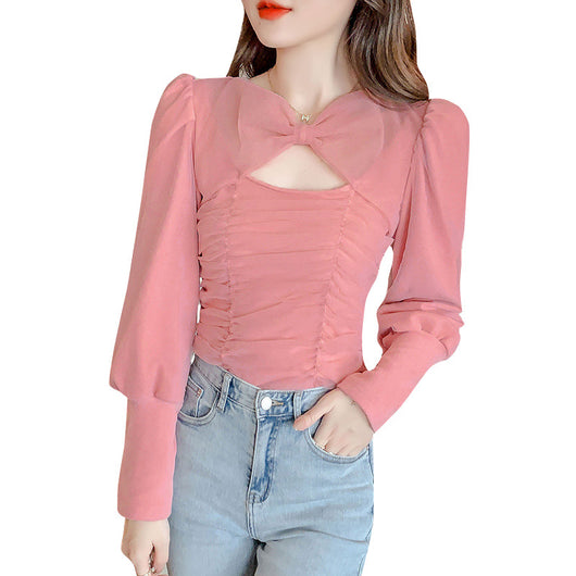 Blusa Ajustada de Malla con Escote en Clavícula y Manga Larga - Image 2