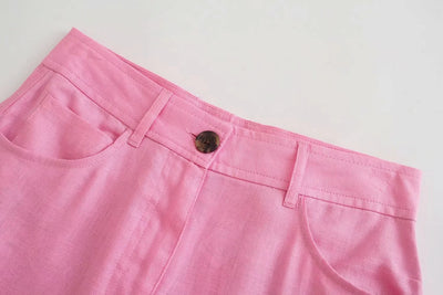 Pantalón Lino Retro Cintura Alta Bolsillos Dobles Pierna Ancha - Image 10