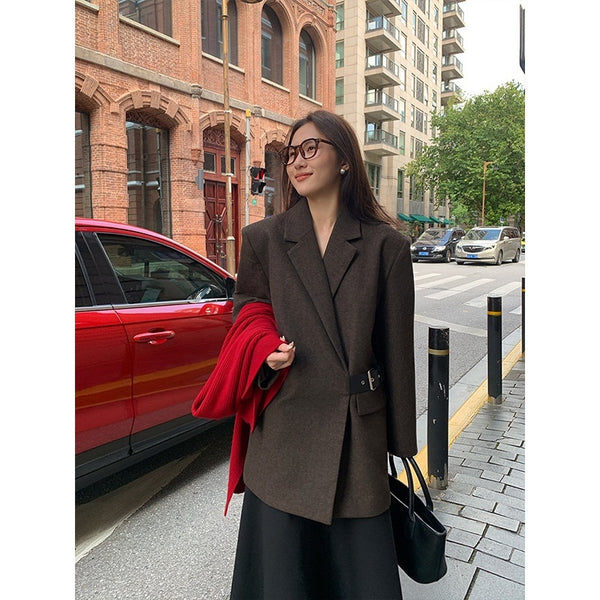 Blazer de Lana Estilo Americano con Hombreras Acolchadas para Mujer