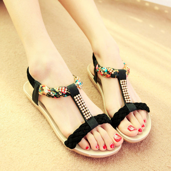 Sandalias Bohemias de Verano para Mujer con Strass y Tacón Plano