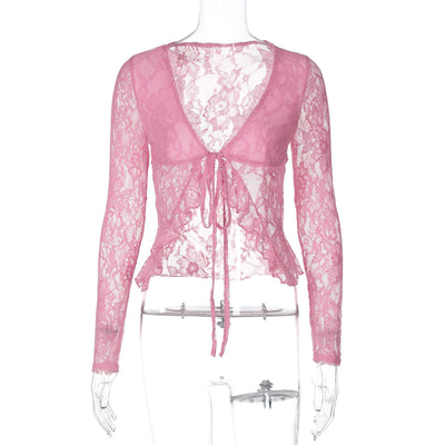 Cardigan de Encaje Transparente con Escote V y Cordones - Image 7