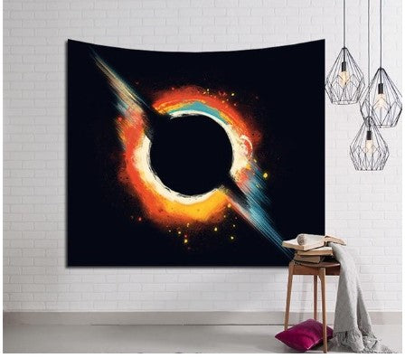 Galaxy hanging wall tapestry with a black hole design, vibrant orange, yellow, and blue cosmic patterns. - Image 2
