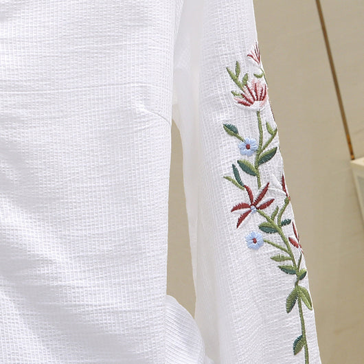Blusa de Algodón con Escote V y Bordado Plisado Manga Larga - Image 25