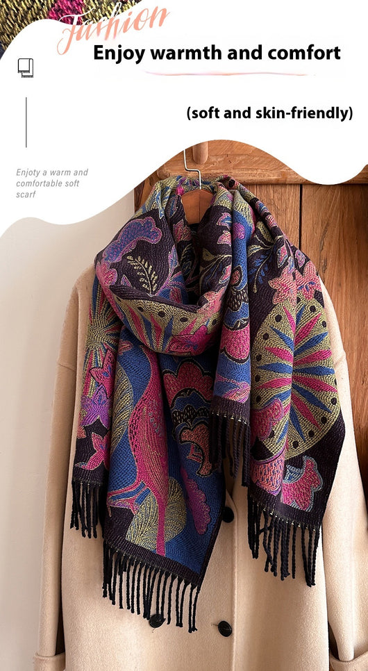 Bufanda Étnica Cálida de Diseño Floral y Aves para Mujer - Image 12