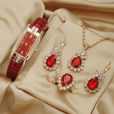 Reloj de Cuero para Mujer con Juego de Joyas Coordinadas de Tres Piezas
