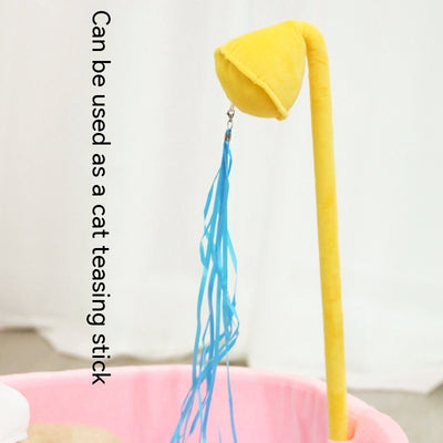 Pink polka dot pet bed shaped like a bathtub with a yellow showerhead toy and blue streamers, plus a blue striped 'towel'. - Image 4