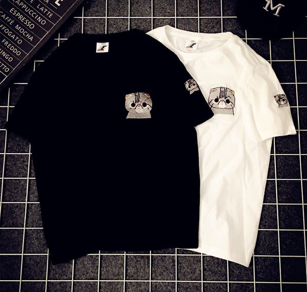 Camiseta Coreana Bordada Manga Corta - Estilo BF Unisex para Parejas