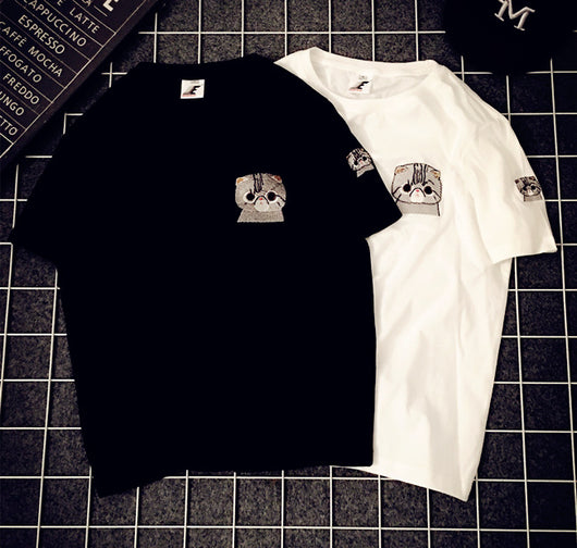 Camiseta Coreana Bordada Manga Corta - Estilo BF Unisex para Parejas