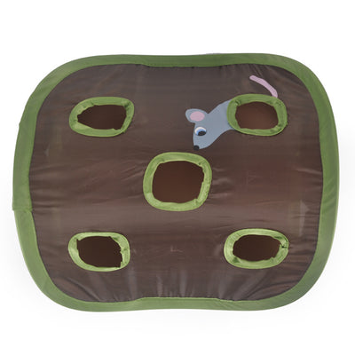 Brown and green cat interactive toy with nine mouse holes and a gray mouse graphic for hide and seek play. - Image 9