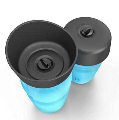 Pink and black foldable pet water bottle with integrated bowl, shown extended and collapsed, with a dog drinking. - Image 9