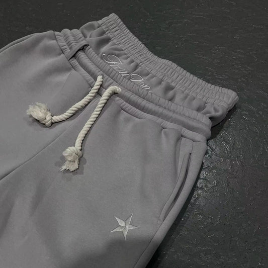 Pantalón Deportivo Ancho con Bordado de Estrella y Cintura Doble para Parejas