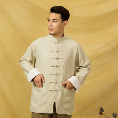 Camisa Larga de Algodón y Lino Estilo Chino con Botones - Image 4