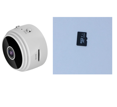 White A9 WIFI wireless network camera with a black lens, shown next to a black 32GB microSD card. - Image 15