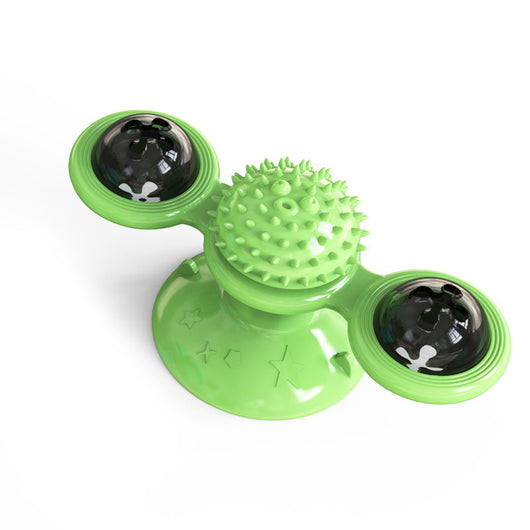Green windmill cat toy with suction cup base, spinning arms, textured ball, and colorful lights, being played with by a tabby cat. - Image 14