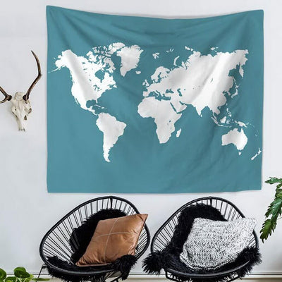 Minimalist world map tapestry featuring white landmasses against a solid teal background, made from polyester.