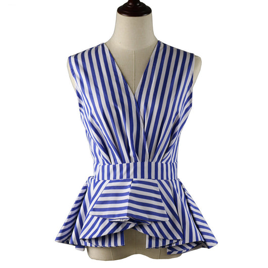 Blusa sin mangas cuello en V con volantes y rayas - Image 3