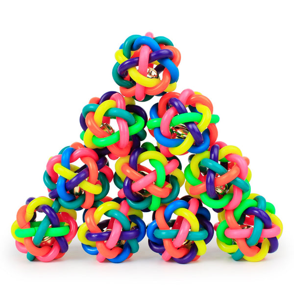 Three colorful woven rubber pet toy balls with bells inside, featuring a rainbow of bright colors on a white background.