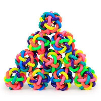 Three colorful woven rubber pet toy balls with bells inside, featuring a rainbow of bright colors on a white background.