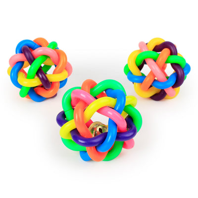 Three colorful woven rubber pet toy balls with bells inside, featuring a rainbow of bright colors on a white background. - Image 4