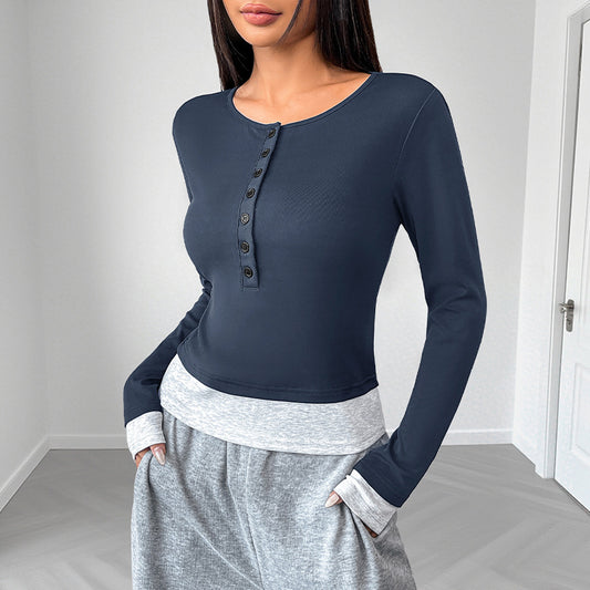 Blusa Casual Cuello Redondo Ajustada Manga Larga Efecto Dos Piezas para Mujer