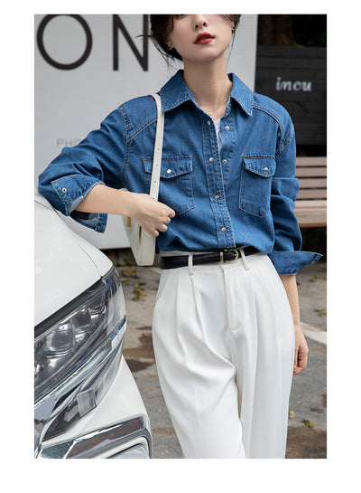 Camisa Denim Retro Azul - Prenda Versátil de Manga Larga - Image 19