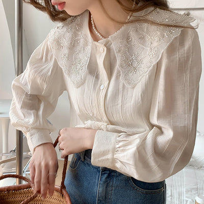 Blusa Elegante con Cuello de Encaje de Hoja de Loto para Mujer - Image 11