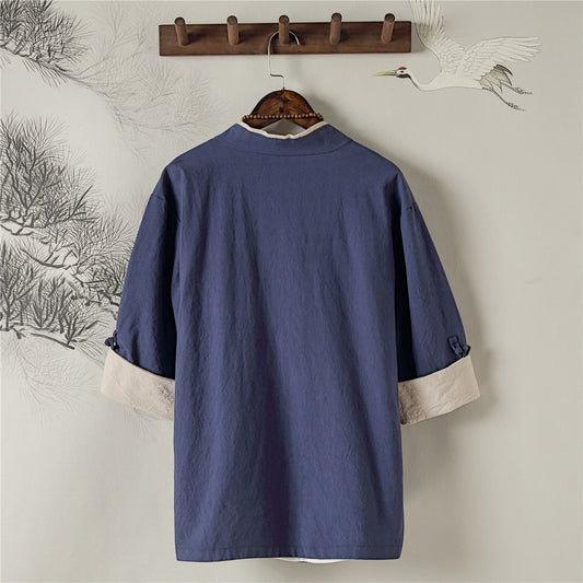 Camisa Retro Estilo Chino de Lino para Hombre con Manga Corta - Image 2
