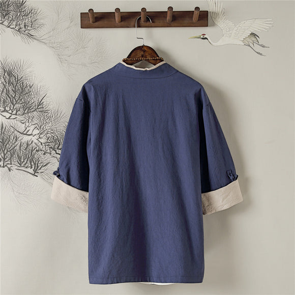Camisa Retro Estilo Chino de Lino para Hombre con Manga Corta