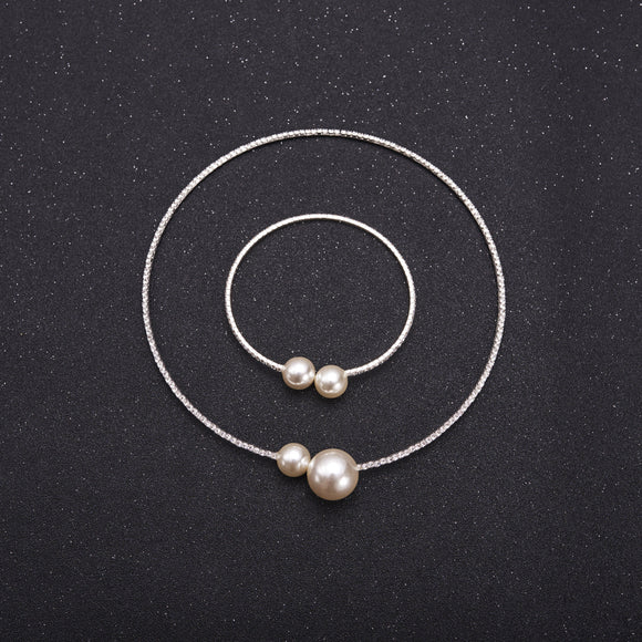 Conjunto de Novia: Collar y Pulsera Ajustables con Cristales y Perlas