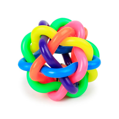 Three colorful woven rubber pet toy balls with bells inside, featuring a rainbow of bright colors on a white background. - Image 2