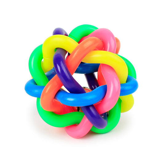 Three colorful woven rubber pet toy balls with bells inside, featuring a rainbow of bright colors on a white background. - Image 2