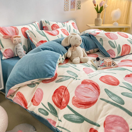 Juego de Cama Coral Franela Gruesa 4 Piezas con Forro de Leche - Image 14