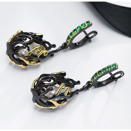 Aretes de Fiesta Personalizados Chapados en Oro Negro con Circón Verde