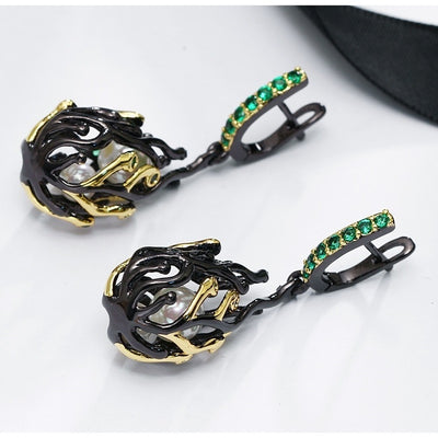 Aretes de Fiesta Personalizados Chapados en Oro Negro con Circón Verde