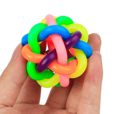 Three colorful woven rubber pet toy balls with bells inside, featuring a rainbow of bright colors on a white background. - Image 3