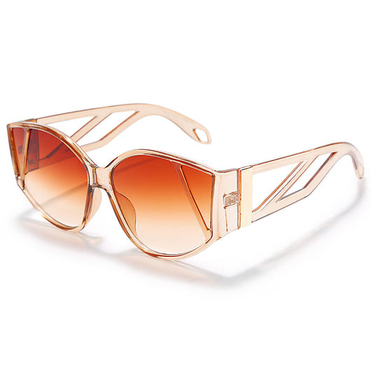 Light peach cat-eye sunglasses with purple gradient lenses and geometric cutouts on the frame. - Image 18