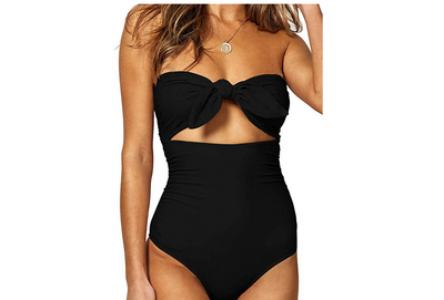 Bright yellow one-piece swimsuit with a strapless bandeau top, front tie-knot, and a cutout detail. - Image 5