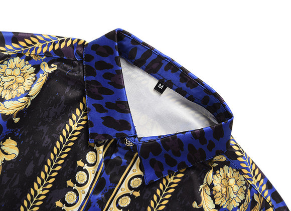Camisa Étnica Leopardo 3D con Rayas Doradas y Flores