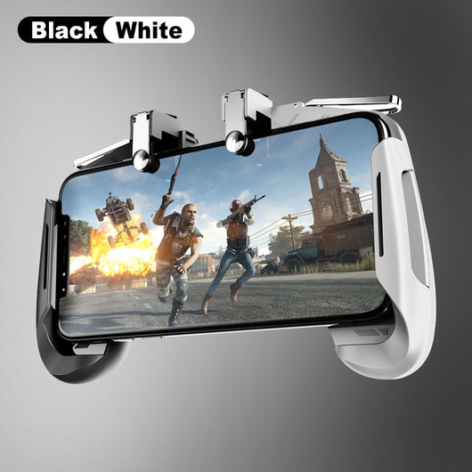 Black and white mobile game controller with L1R1 triggers holding a smartphone displaying a shooter game. - Image 12