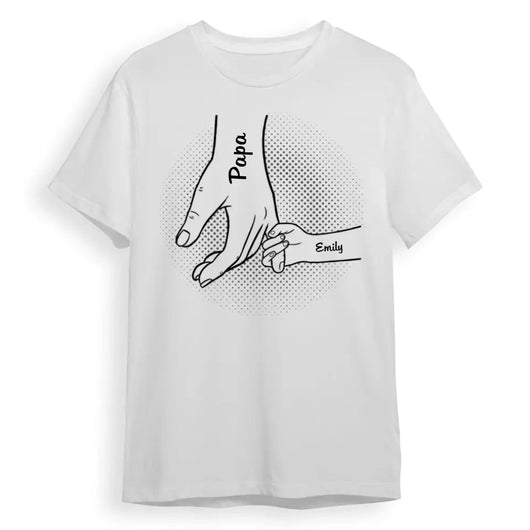 White short-sleeve t-shirt with a graphic of an adult hand holding a child's hand, labeled "Papa" and "Emily". - Image 3