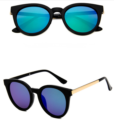 Black vintage square sunglasses for women with round blue mirrored lenses and gold-tone temple accents. - Image 8