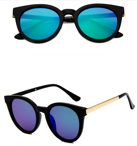Black vintage square sunglasses for women with round blue mirrored lenses and gold-tone temple accents. - Image 8