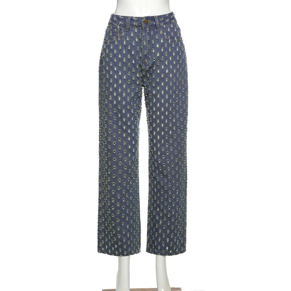 Jeans Talle Alto Pierna Ancha con Rotos - Diseño Versátil y Moderno