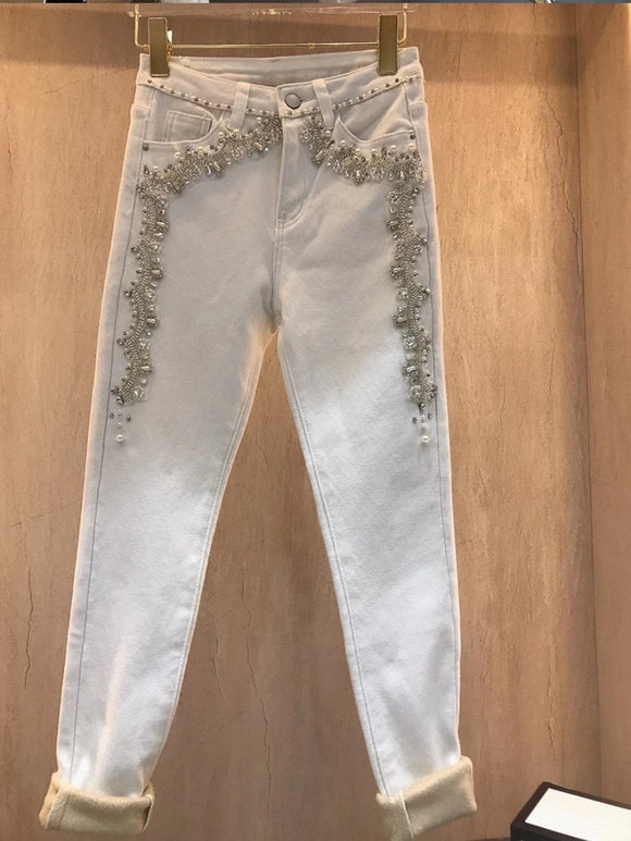 Pantalones Cintura Alta Ajustados con Detalles de Pedrería y Terciopelo