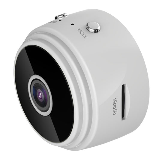 White A9 WIFI wireless network camera with a black lens, shown next to a black 32GB microSD card. - Image 5