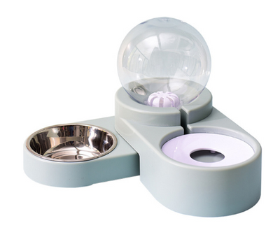 White pet feeding station with a stainless steel food bowl and a clear automatic water dispenser bottle. - Image 10