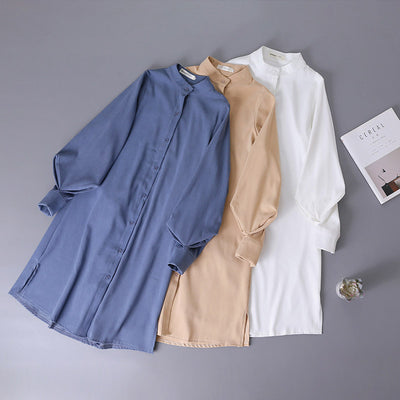 Vestido Camisero con Cuello Alto y Mangas Farol - Image 3