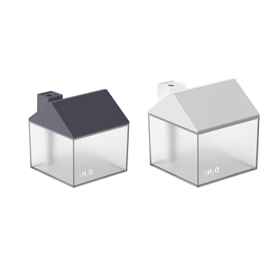 Two house-shaped USB humidifiers, one dark gray and one pink, with clear bases showing H₂O text. - Image 17