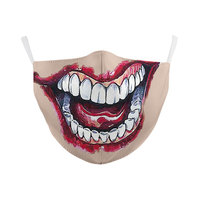 Beige double-layer dust mask with ear hooks, featuring a digital print of a wide, creepy smile with white teeth and red gums. - Image 15